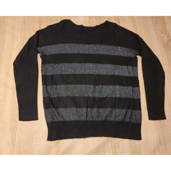 C By Bloomingdale's 95% Cashmere Black & Metallic Gray Striped Sweater Size L - Picture 2 of 6